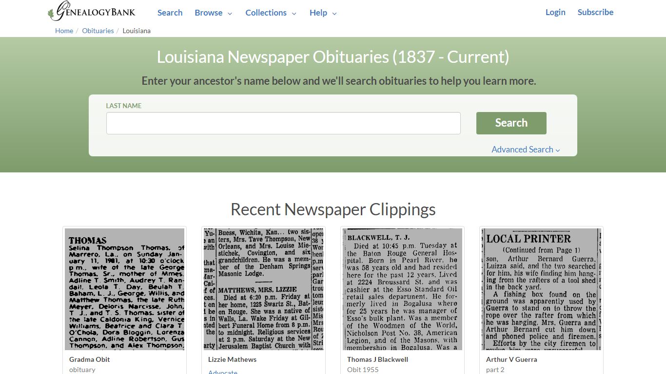 Louisiana Obituary Archive Search | GenealogyBank